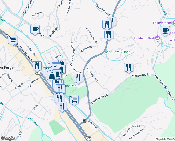 map of restaurants, bars, coffee shops, grocery stores, and more near 3404 Householder Street in Pigeon Forge