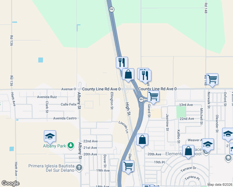 map of restaurants, bars, coffee shops, grocery stores, and more near 502 County Line Road in Delano