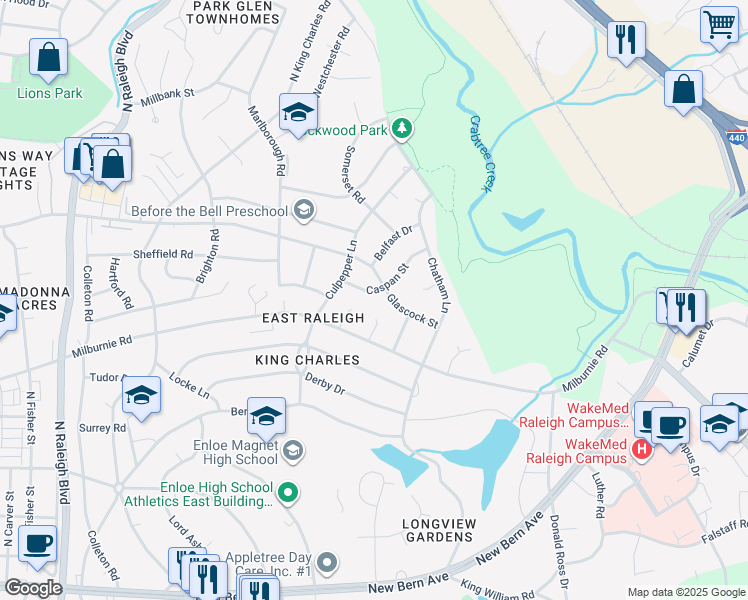 map of restaurants, bars, coffee shops, grocery stores, and more near 1016 Caspan Street in Raleigh