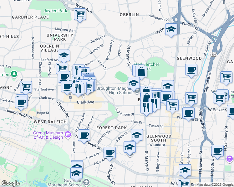 map of restaurants, bars, coffee shops, grocery stores, and more near 1020 West Peace Street in Raleigh