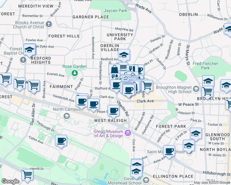 map of restaurants, bars, coffee shops, grocery stores, and more near 401 Oberlin Road in Raleigh