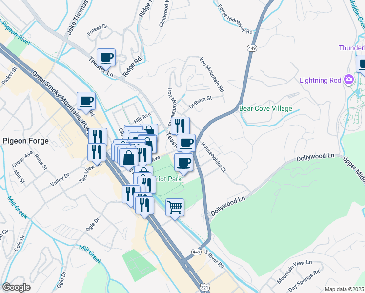 map of restaurants, bars, coffee shops, grocery stores, and more near in Pigeon Forge