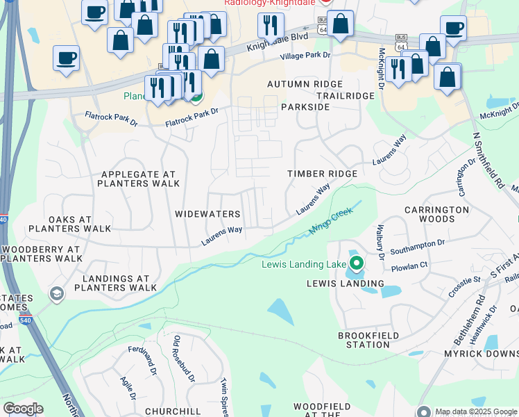 map of restaurants, bars, coffee shops, grocery stores, and more near 500 Sternwheel Way in Knightdale