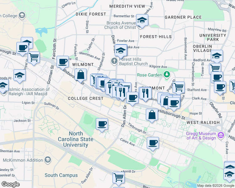 map of restaurants, bars, coffee shops, grocery stores, and more near 11 Bagwell Avenue in Raleigh