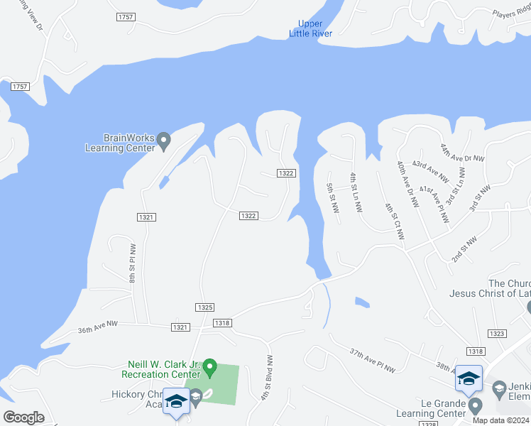 map of restaurants, bars, coffee shops, grocery stores, and more near 612 39th Avenue Northwest in Hickory