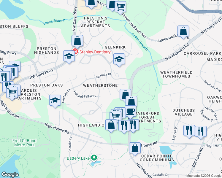 map of restaurants, bars, coffee shops, grocery stores, and more near 205 Silver Lining Lane in Cary