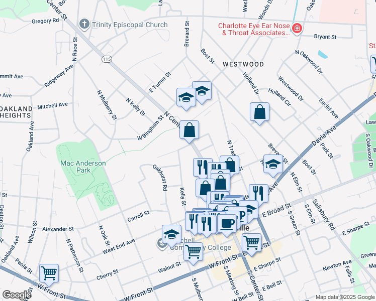 map of restaurants, bars, coffee shops, grocery stores, and more near 409 North Center Street in Statesville