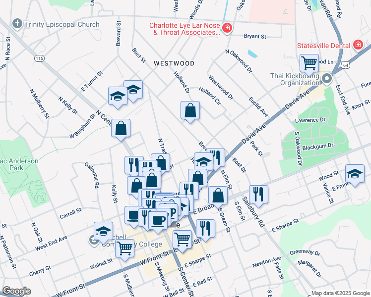 map of restaurants, bars, coffee shops, grocery stores, and more near 318 Harrill Street in Statesville
