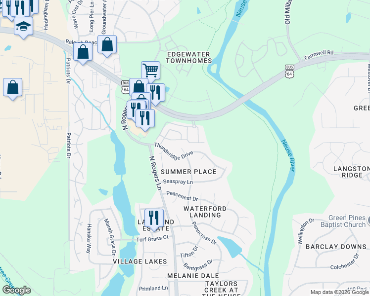 map of restaurants, bars, coffee shops, grocery stores, and more near 1112 Penncross Drive in Raleigh