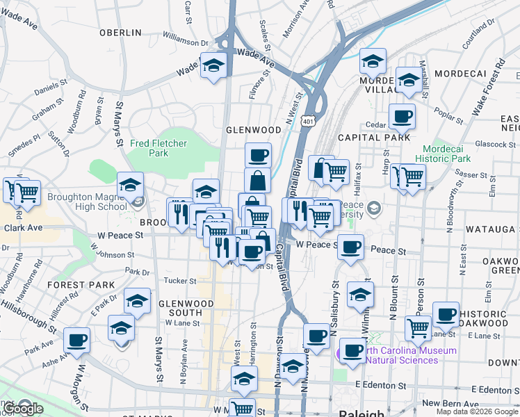 map of restaurants, bars, coffee shops, grocery stores, and more near 402 West Edenton Street in Raleigh