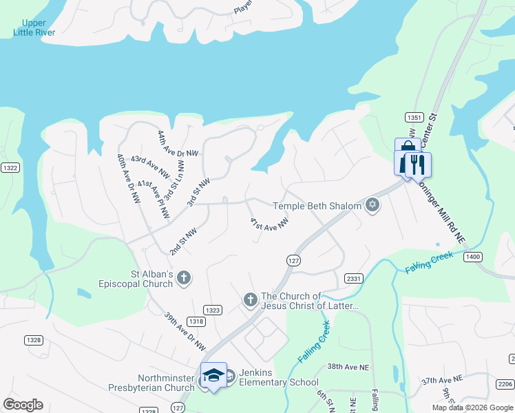 map of restaurants, bars, coffee shops, grocery stores, and more near 157 42nd Avenue Drive Northwest in Hickory