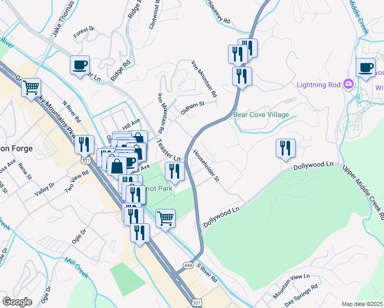 map of restaurants, bars, coffee shops, grocery stores, and more near 3404 Householder Street in Pigeon Forge