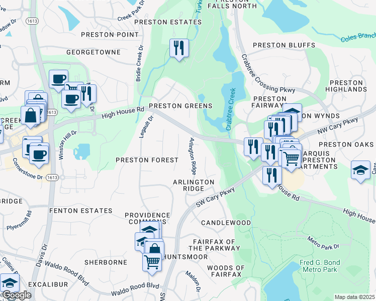 map of restaurants, bars, coffee shops, grocery stores, and more near 313 Arlington Ridge in Cary