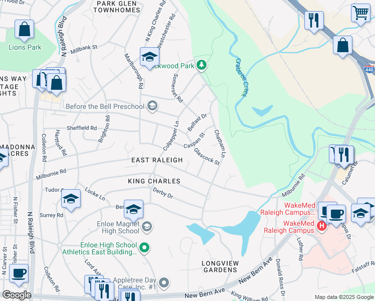 map of restaurants, bars, coffee shops, grocery stores, and more near 1016 Caspan Street in Raleigh