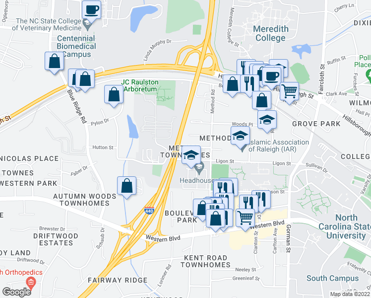 map of restaurants, bars, coffee shops, grocery stores, and more near 700 Method Townes Court in Raleigh