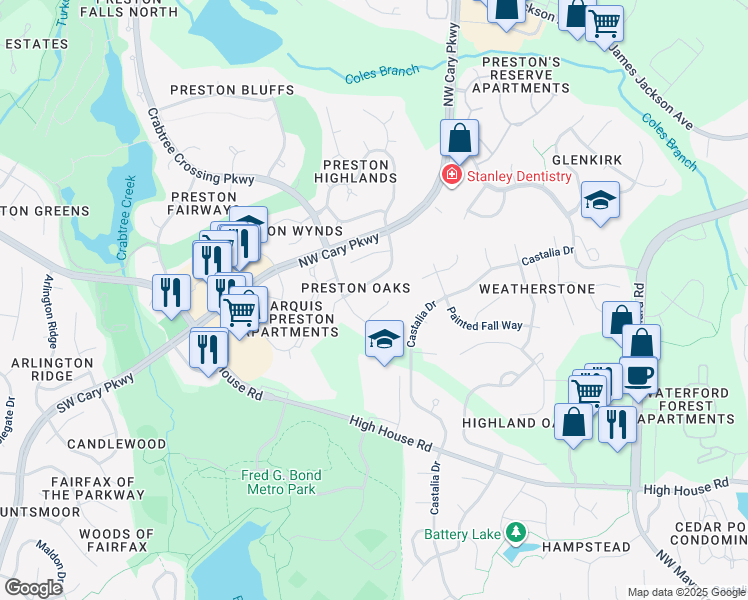 map of restaurants, bars, coffee shops, grocery stores, and more near 105 Wohler Court in Cary