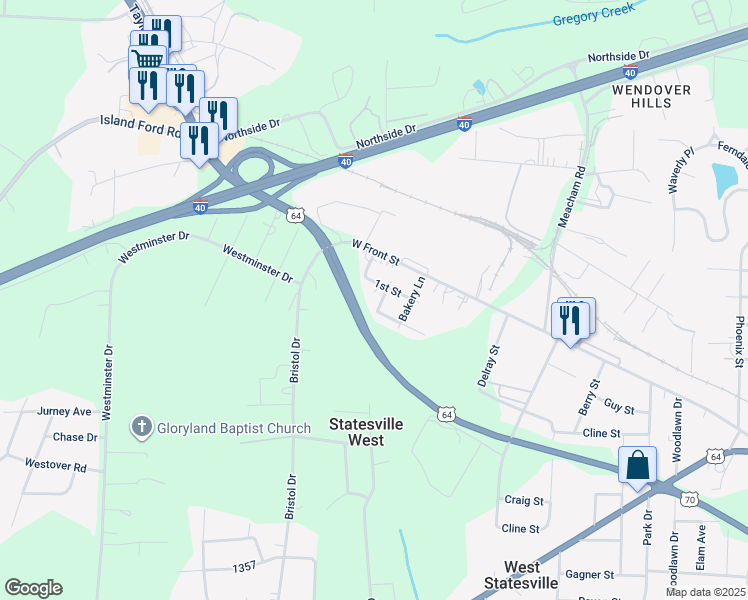map of restaurants, bars, coffee shops, grocery stores, and more near 210 H St in Statesville