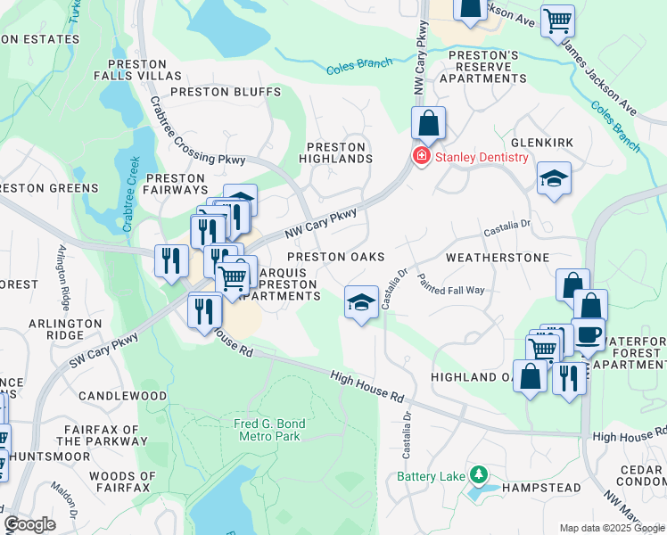 map of restaurants, bars, coffee shops, grocery stores, and more near 225 Roebling Lane in Cary