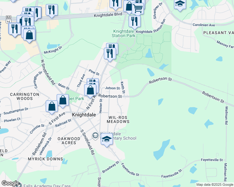 map of restaurants, bars, coffee shops, grocery stores, and more near 113 Robertson Street in Knightdale