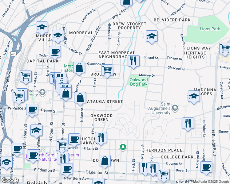 map of restaurants, bars, coffee shops, grocery stores, and more near 713 E Franklin St in Raleigh