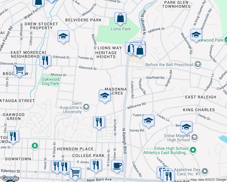 map of restaurants, bars, coffee shops, grocery stores, and more near in Raleigh
