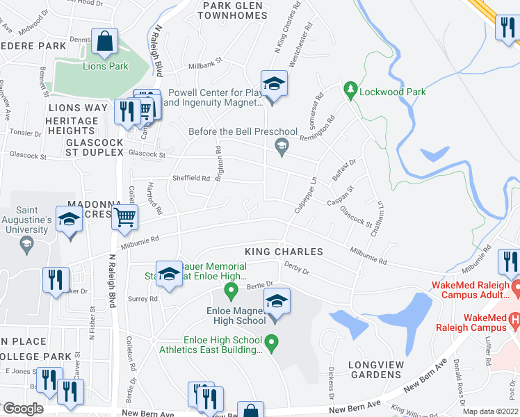 map of restaurants, bars, coffee shops, grocery stores, and more near 820 Gibney Drive in Raleigh
