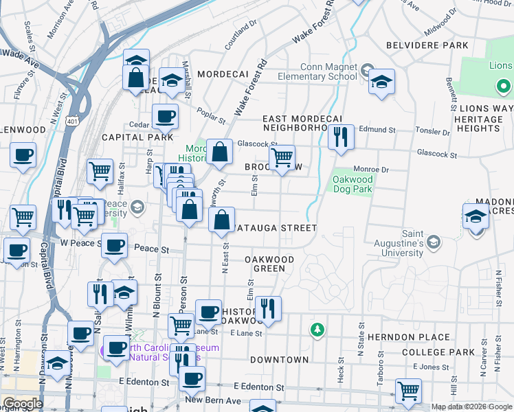 map of restaurants, bars, coffee shops, grocery stores, and more near 601 East Franklin Street in Raleigh