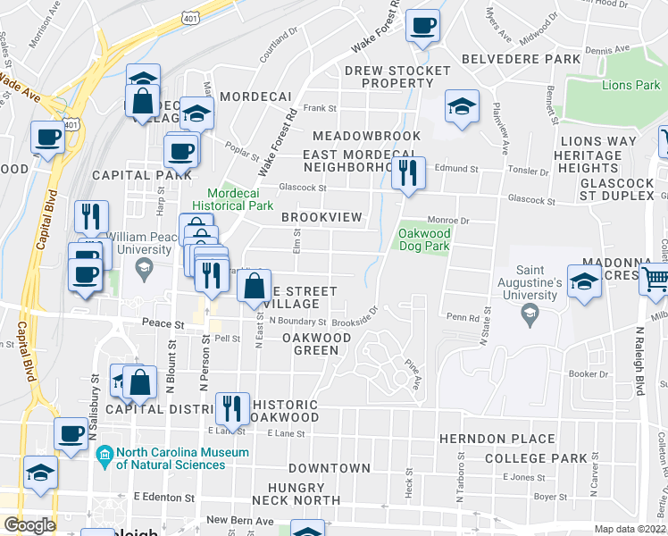 map of restaurants, bars, coffee shops, grocery stores, and more near 701 East Franklin Street in Raleigh
