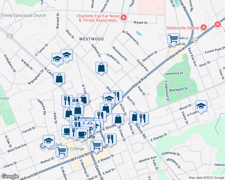 map of restaurants, bars, coffee shops, grocery stores, and more near 404 Stockton Street in Statesville