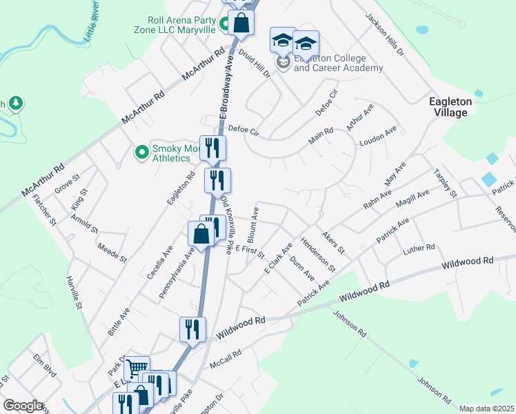 map of restaurants, bars, coffee shops, grocery stores, and more near 2602 Blount Avenue in Maryville