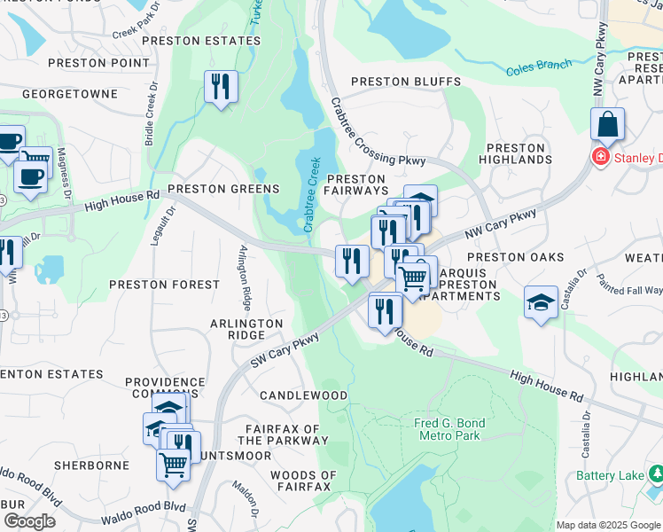 map of restaurants, bars, coffee shops, grocery stores, and more near 1005 High House Road in Cary