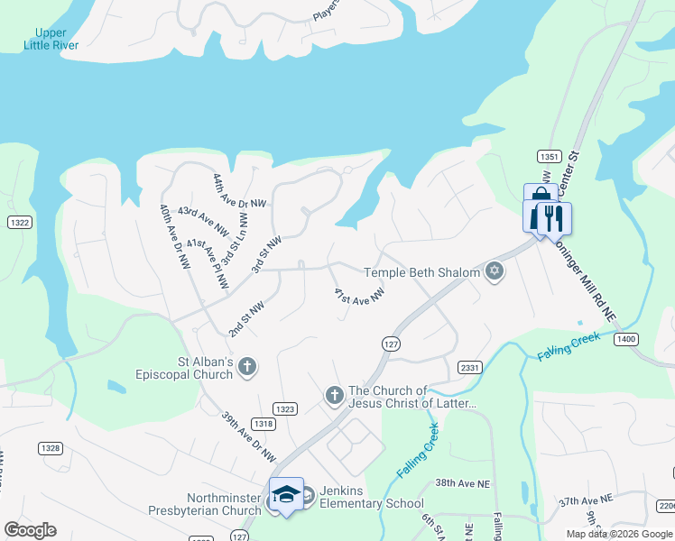 map of restaurants, bars, coffee shops, grocery stores, and more near 157 42nd Avenue Drive Northwest in Hickory