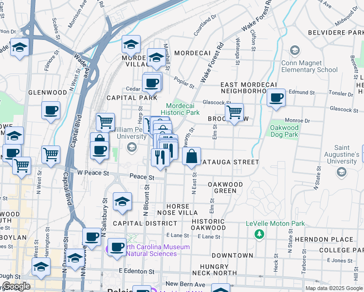 map of restaurants, bars, coffee shops, grocery stores, and more near 801 North Bloodworth Street in Raleigh