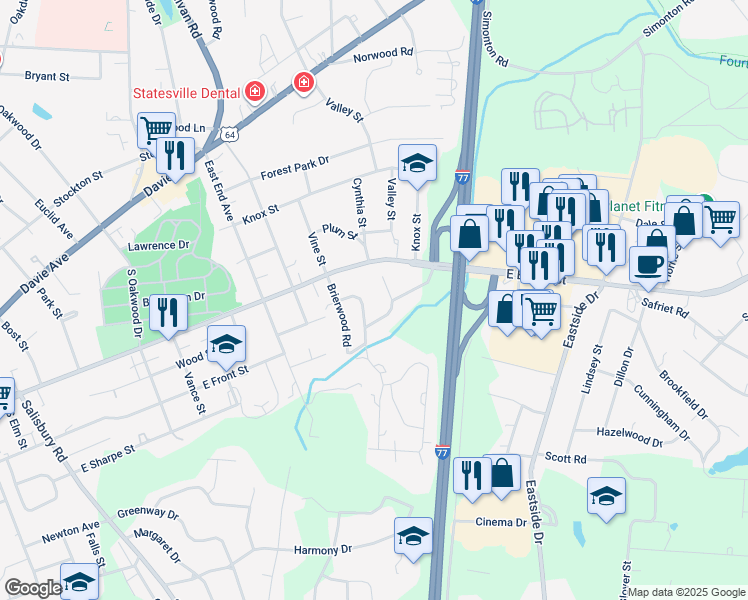 map of restaurants, bars, coffee shops, grocery stores, and more near 1209 Valley Stream Road in Statesville