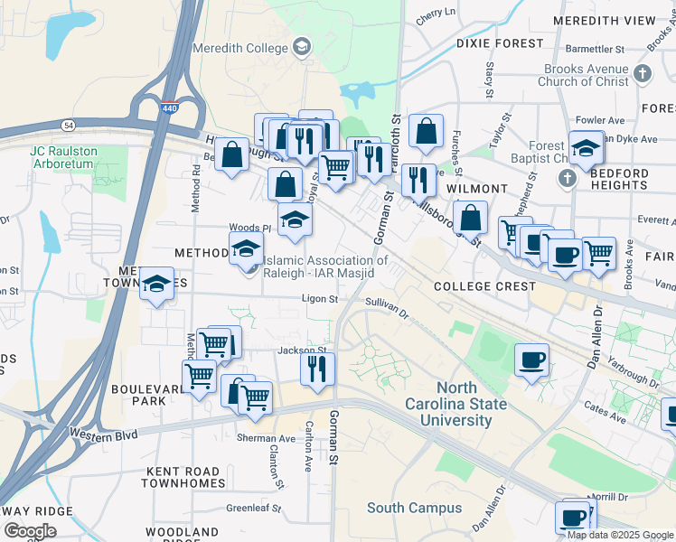 map of restaurants, bars, coffee shops, grocery stores, and more near 813 Wilcox Street in Raleigh
