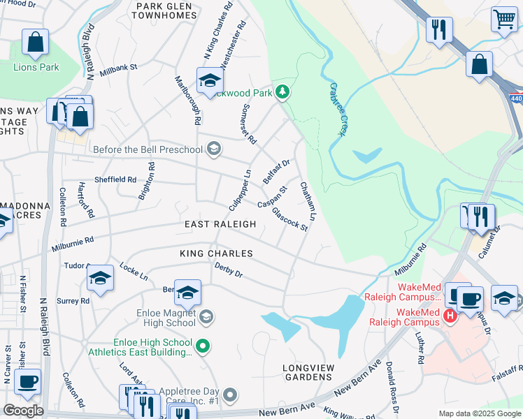 map of restaurants, bars, coffee shops, grocery stores, and more near 1016 Caspan Street in Raleigh