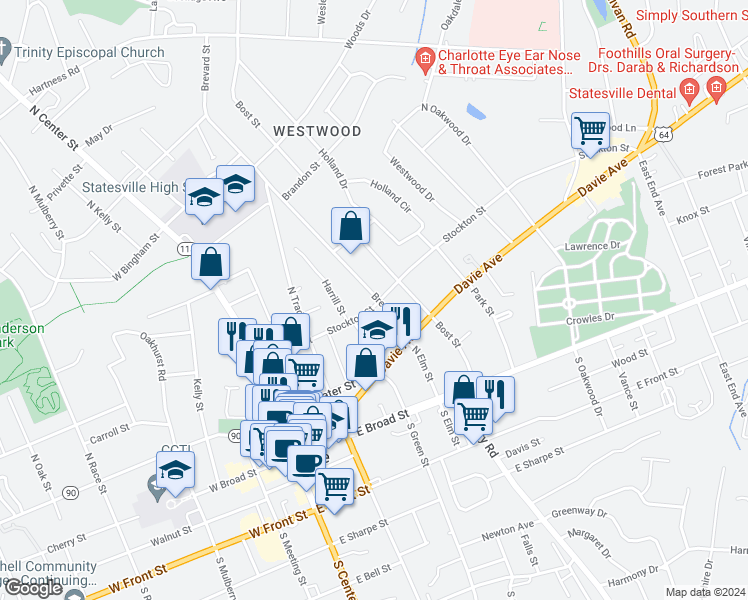 map of restaurants, bars, coffee shops, grocery stores, and more near 329 Stockton Street in Statesville