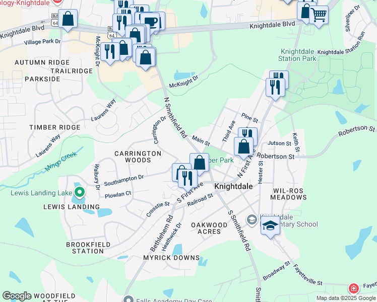 map of restaurants, bars, coffee shops, grocery stores, and more near 311 North Smithfield Road in Knightdale