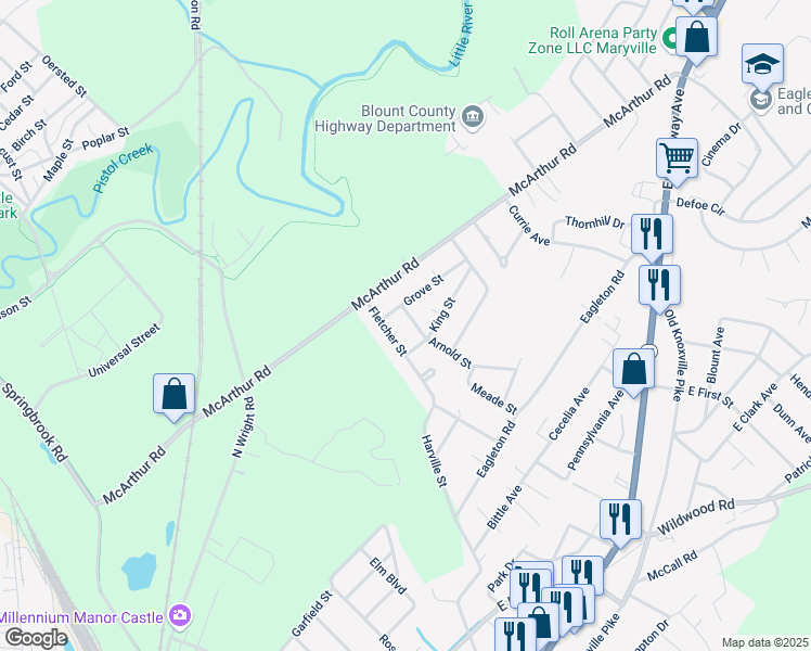 map of restaurants, bars, coffee shops, grocery stores, and more near 521 Arnold Street in Maryville