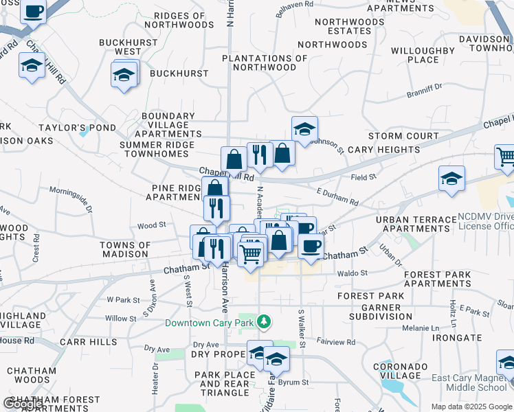 map of restaurants, bars, coffee shops, grocery stores, and more near 401 North Academy Street in Cary