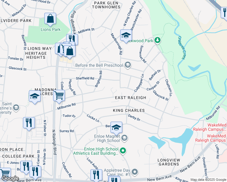 map of restaurants, bars, coffee shops, grocery stores, and more near 820 Gibney Drive in Raleigh