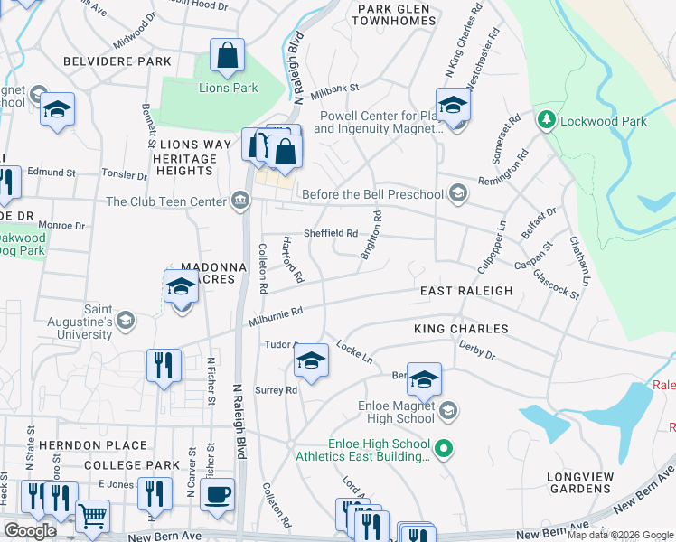 map of restaurants, bars, coffee shops, grocery stores, and more near 705 Brighton Road in Raleigh