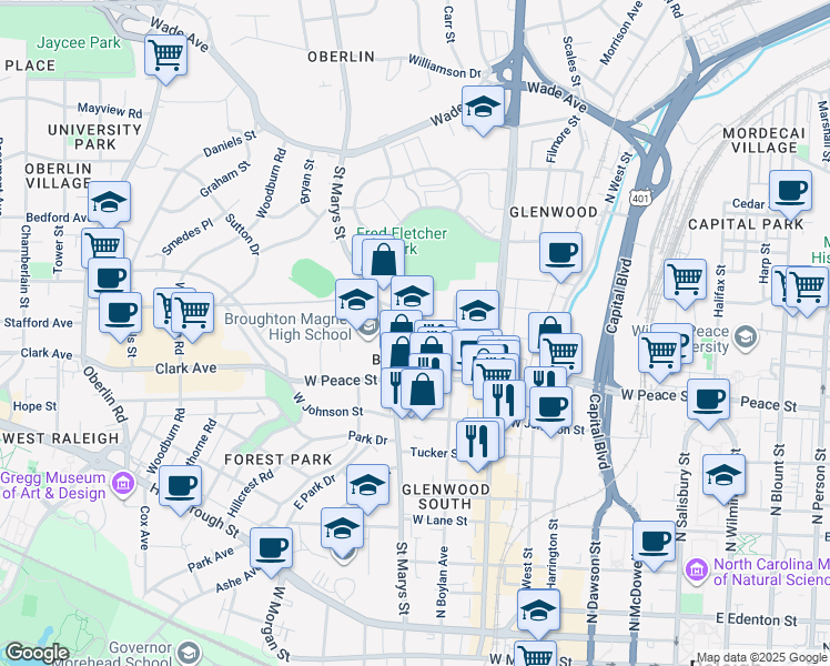 map of restaurants, bars, coffee shops, grocery stores, and more near 715 Devereux Street in Raleigh