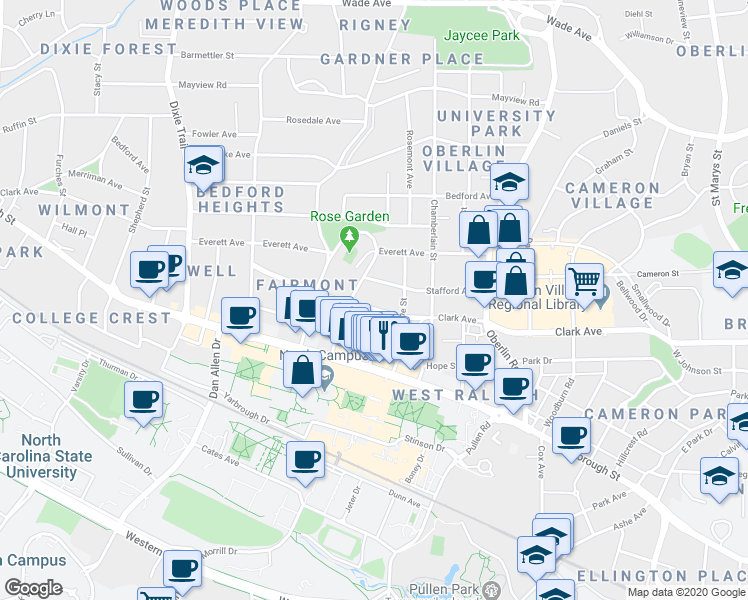 map of restaurants, bars, coffee shops, grocery stores, and more near 2510 Clark Avenue in Raleigh