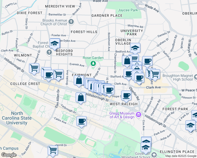 map of restaurants, bars, coffee shops, grocery stores, and more near 2510 Clark Avenue in Raleigh