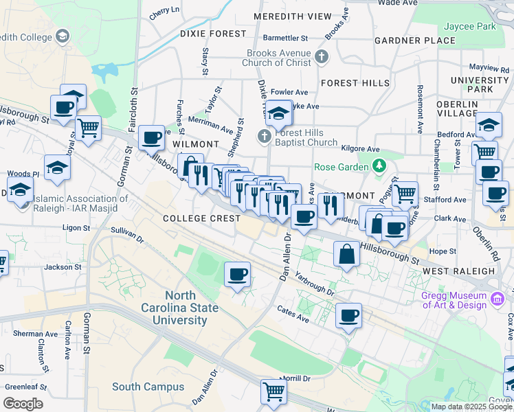 map of restaurants, bars, coffee shops, grocery stores, and more near 3010 Hillsborough Street in Raleigh