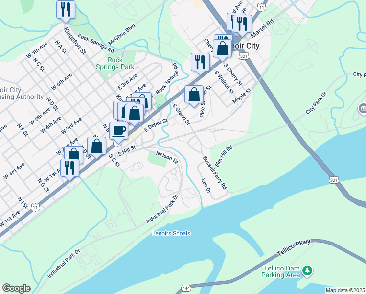 map of restaurants, bars, coffee shops, grocery stores, and more near 314 Poplar Street in Lenoir City