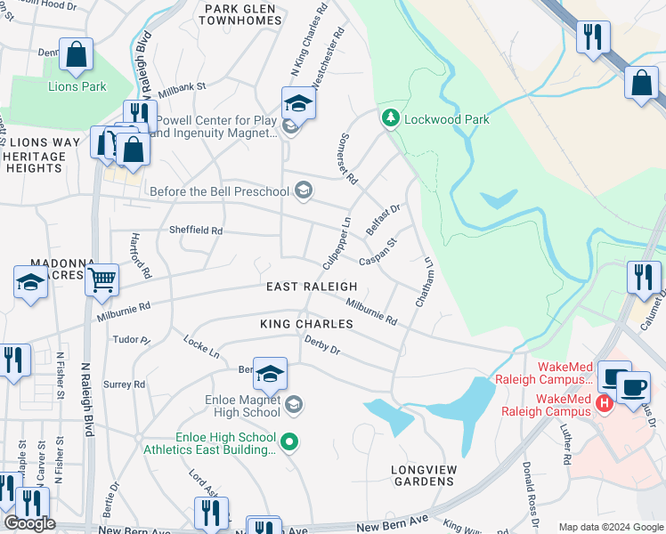 map of restaurants, bars, coffee shops, grocery stores, and more near 902 Culpepper Lane in Raleigh