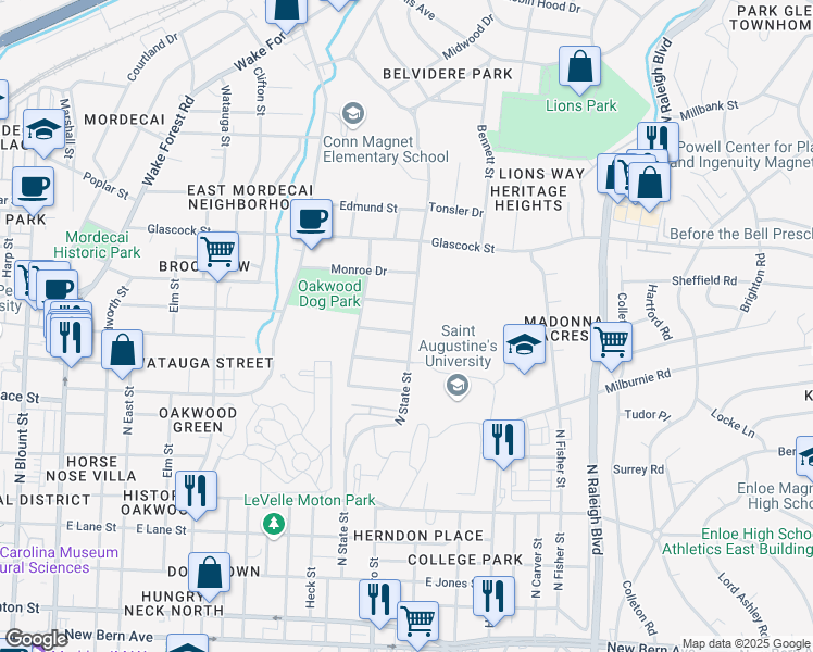 map of restaurants, bars, coffee shops, grocery stores, and more near 717 Hamilton Road in Raleigh