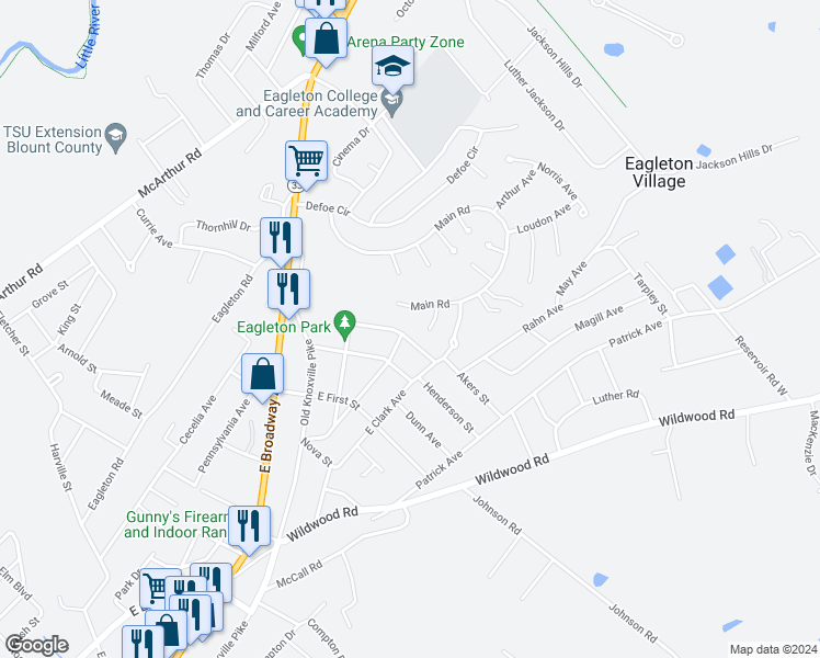map of restaurants, bars, coffee shops, grocery stores, and more near 2701 Blount Avenue in Maryville